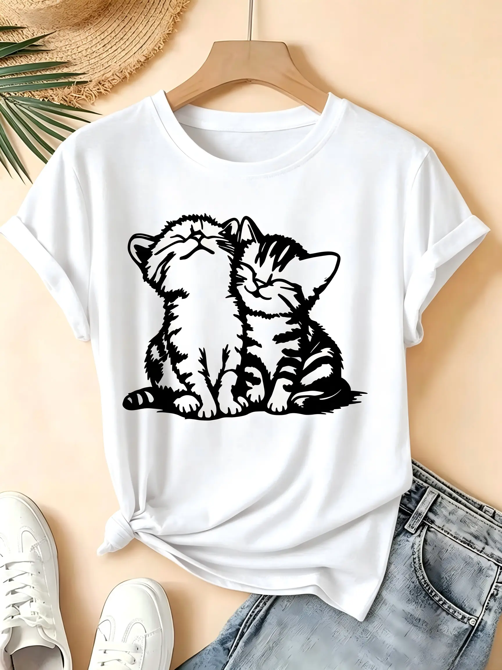 Black Line Two Cuddling Kittens Graphic White Crewneck T-Shirt, Cute Cat Lover Casual Short Sleeve Top, Minimal Pet Daily Outfit funny meme
