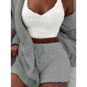 Women's Solid Color Plush Three-piece Pyjama Set, Fluffy Pajamas, Casual Comfy V Neck Cami Top & Hooded Coat & Tie Front Shorts Loungewear Set, Pajama Sets Women, Women's Sleepwear for Winter, Fluffy Pajamas, Cute Pajama Sets, Sle