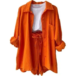 Summer Outfits- Set Lapel Long Sleeve Shirt High Waist Drawstring Shorts Fashion Casual Women's Clothing Outfit Suits Womenswear