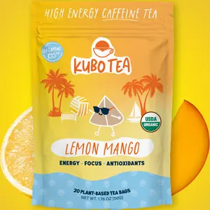 Kubo Tea: Organic Lemon Mango Green Tea | High Caffeine Tea (155 mg) | Clean Energy | Refreshing Caffeine Beverage | 20 Ct | Compostable Packaging
