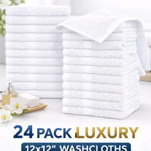 24 Pack - 12x12 Lux Washcloth Set - White - 100% Ring Spun Cotton Absorbant Clean Towel Absorbent Breathable Towel for all Household needs