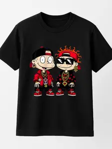 USA Made Raglan Sleeve Black T-Shirt with Cartoon Characters and Flames Print for Casual Wear Summer Personalized Tee Unisex 100% Cotton Fabric Breathable Minimalist Style