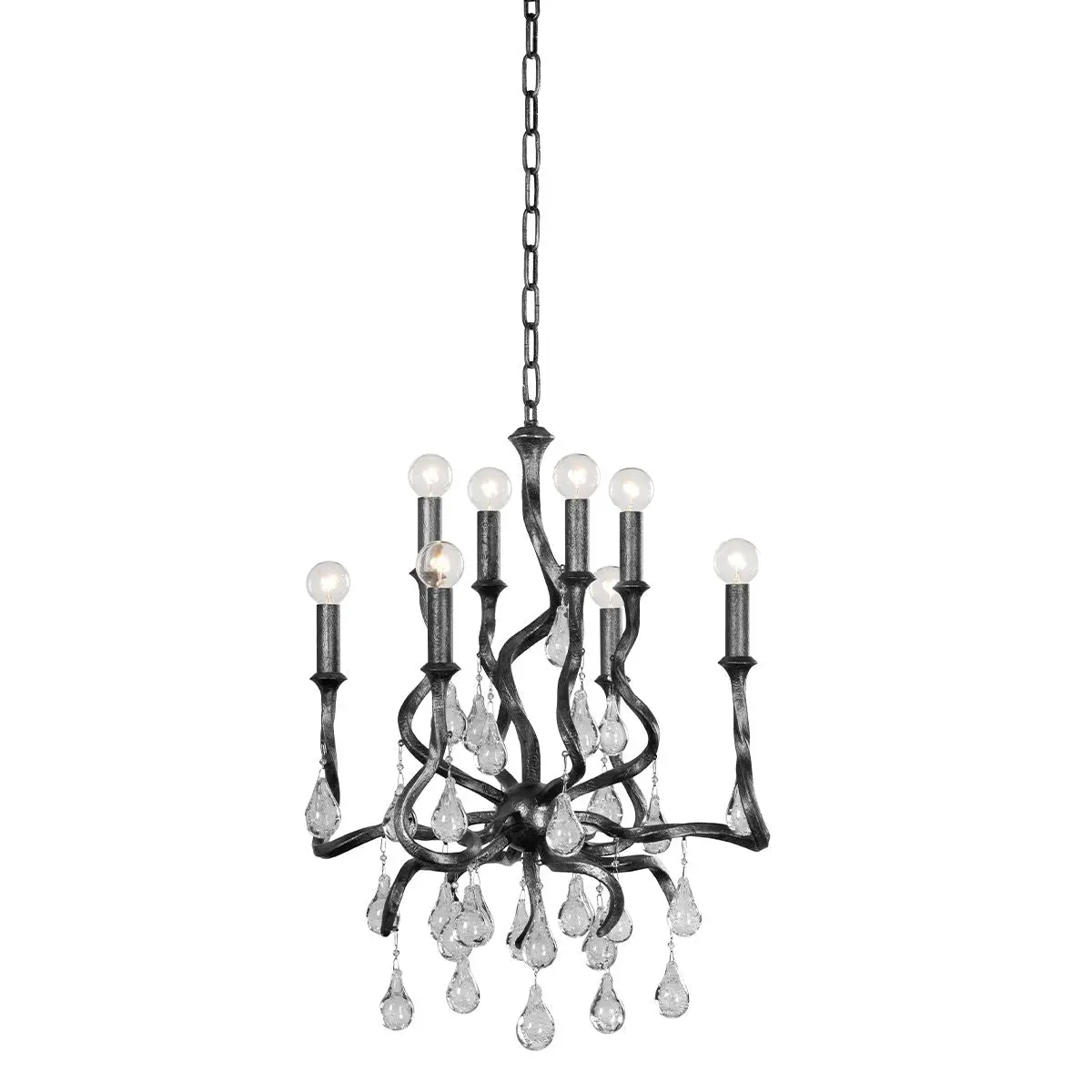 Aveline Mini Chandelier With Swirling Arms & Crystal Drops in Gold Leaf or Black Silver Leaf