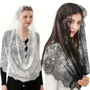 Set Of 2 Elegant Black White Lace Veils - Mantilla Cathedral Head Cover with Floral Patterns,Non-Woven Fabric for Weddings,Church,and Events,Wedding Veils,Church Accessory,Sophisticated Style summervibes