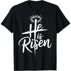 He is risen jesus cross for religious christian easter T-Shirt 100% Cotton Tshirt Women's Men's Graphic Tee Causal Tops,Unisex Crewneck T-shirt for Men And Women