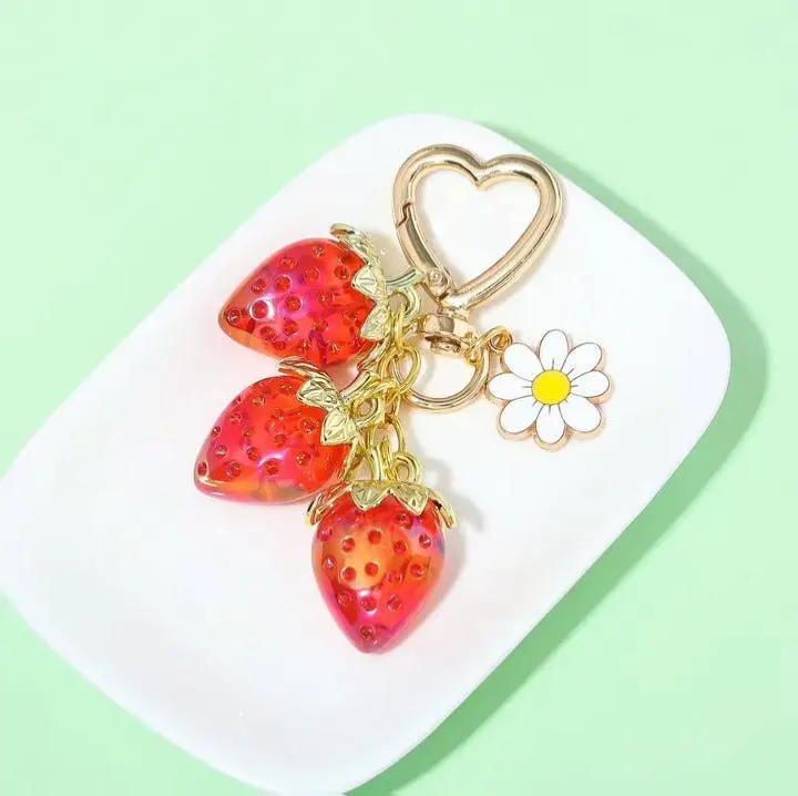Strawberries & Daisies - Beautiful Resin Strawberry Charm with White Daisy Flower for Purse or Backpack