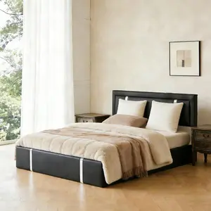 Bellemave  Bed Frame with Adjustable LED Lights Headboard, USB-C Charging Ports, Hydraulic Support, Faux Leather Upholstered Platform Bed, Metal Slats Support