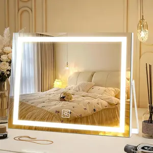 14 Inch LED  Makeup Mirror with Lights, Large Metal Frame Lighted Tabletop Mirror with 3 Color Dimmable  Control, 360? Rotation, for Mom