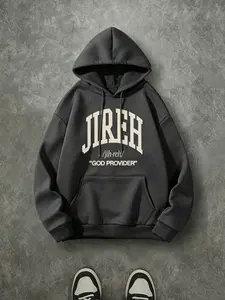 Thick 270 Gram Brushed Fleece Christian Hoodie, Jireh God Provider Retro Letter Print Drawstring Sweatshirt, Oversized Vintage College Style Faith Pullover For Fall Daily Outfit