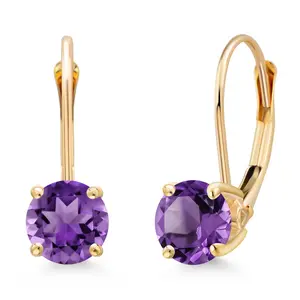 Gem Stone King 14K Yellow Gold Purple Amethyst Dangle Earrings for Women | 2.00 Cttw | Gemstone February Birthstone | Round 6MM