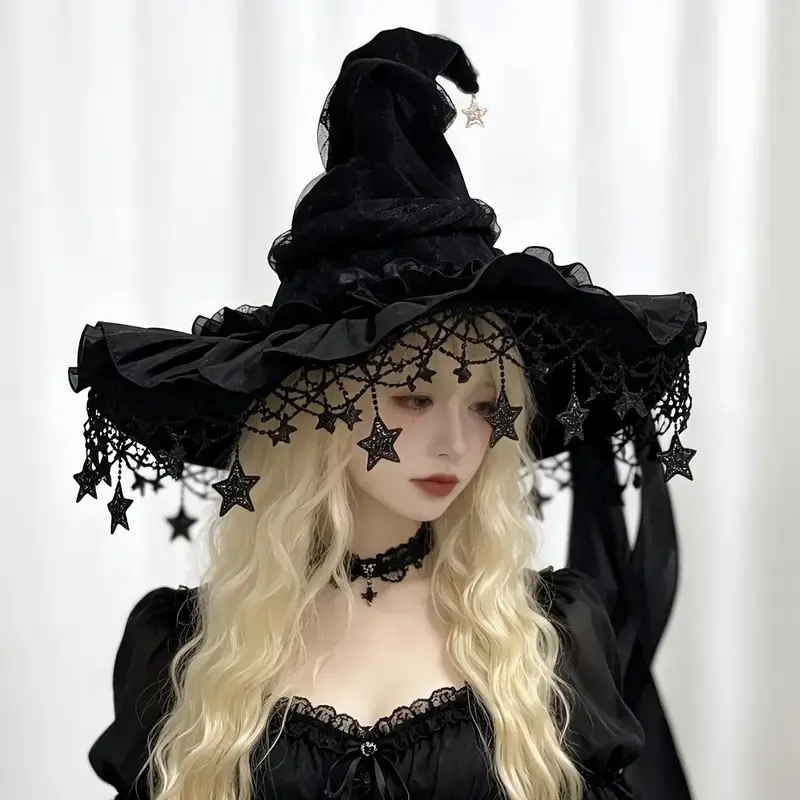 2Pcs Gothic Fairycore Witch Costume Accessory Set, Tulle Wizard Hat With Long Satin Ribbon Bow & Celestial Moon Star Pendant Necklace, Vintage Renaissance Cosplay Props Ideal For Halloween Parties, Themed Festivals And Stylish Portrait Photoshoots