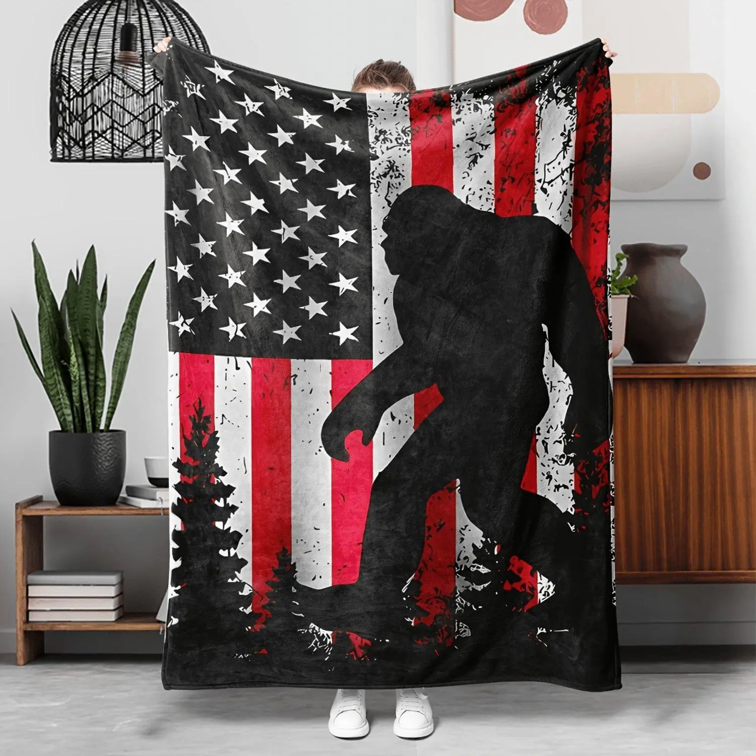 Geometric Patriotic Soft and Warm Sofa Blanket Throw with Bigfoot Design Machine Washable Anti Tear and Suitable for All Seasons Home Decor and Cozy Use