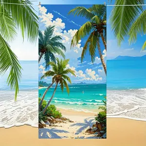 1pc Vibrant Tropical Palm Trees and Ocean Scene Beach Towel, Lightweight and Absorbent Microfiber, Perfect for Swimming, Gym, Yoga - Ideal Travel Companion for Beach Vacations