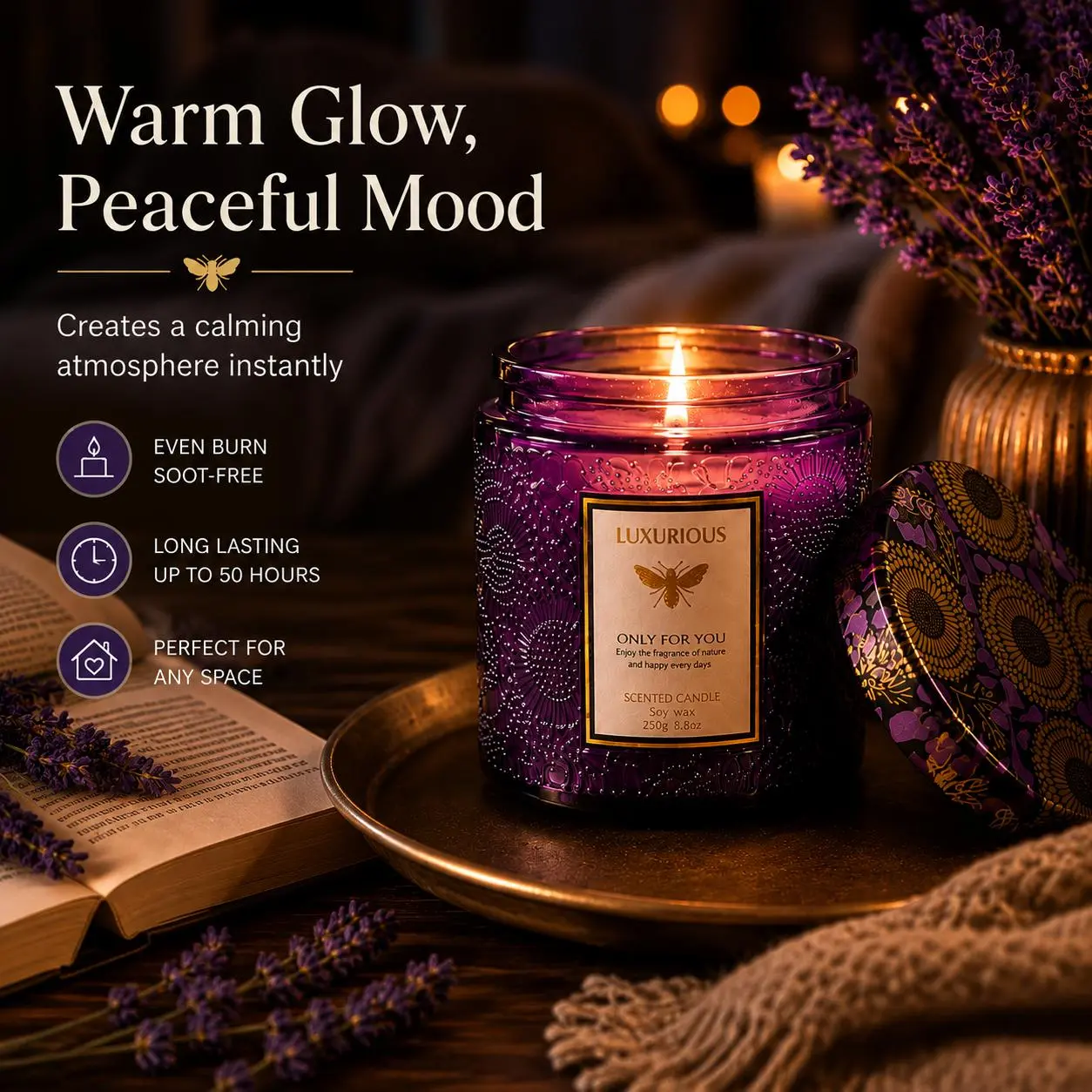 Lavender Luxe Boxed Jar Candle - Highly Scented Aromatherapy Decoration, All Natural Essential Oil Soy Candle for Relaxation, Cozy Home Decor Gift, Highly Scented Candles