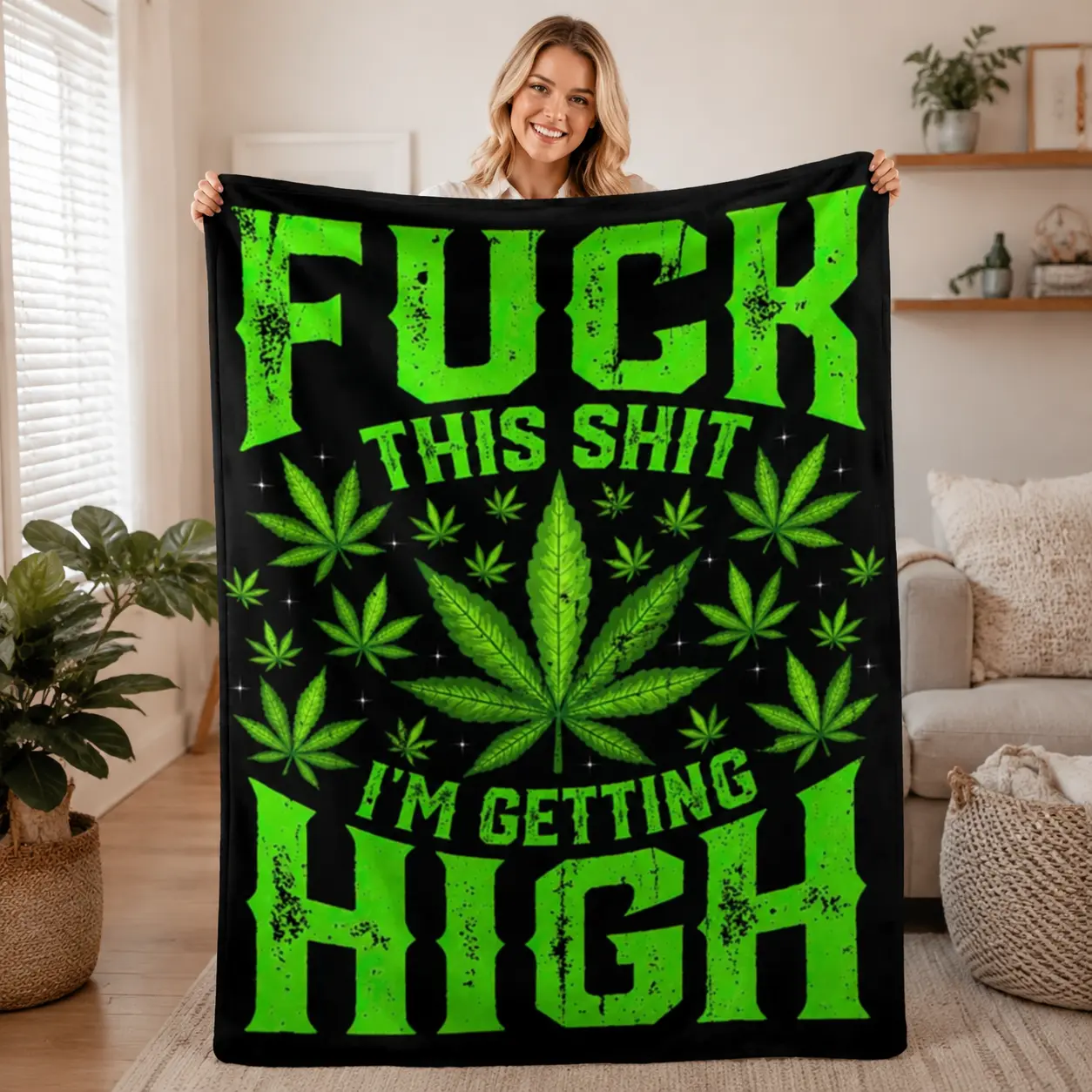 Super Soft Flannel 420 Stoner Blanket, Graphic Marijuana "Fuck This Shit I'm Getting High" Design, Warm Plush Blanket for Teens, Home Decor Items for Sofa or Bed