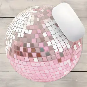 Sparkly Pink Vintage Disco Ball Design Round Gaming Mouse Pad, Aesthetic Desktop Decorative Protective Pad, Rubber Anti-slip Lockedge Work Pad, Small Size Suitable for Laptop, Desktop Computer Games, Work, Family