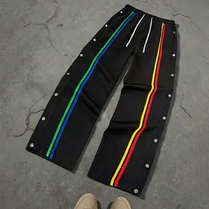 Men's Vintage Hip-Hop Loose Straight-Leg Pants with Rainbow Striped Side Slit - White Casual Pants with Drawstring Waistband, Suitable for All Seasons,summervibes