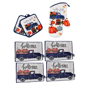 7-pc Kitchen Hello Fall Set! 4-Fabric Hello Fall Truck Placemats/1-Oven Mitt/ 2-Pot Holder set! Kitchen decor