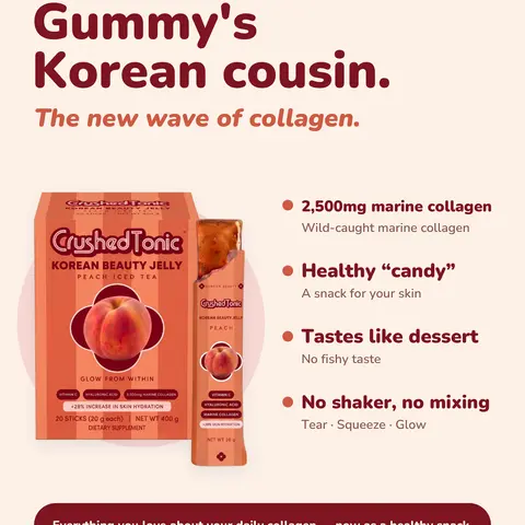 Crushed Tonic Peach Iced Tea Collagen Jelly - Hydrolyzed Marine Collagen Peptides Snack Sachets for Skin, Hair & Nails - Gluten Free Sugar Free Non-GMO Halal Kosher K-Beauty Healthy Candy Gummy Skincare