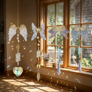 Angel Wing Crystal Sun Catcher 4 Styles - Hanging Rainbow Maker with Heart & Bell for Home Decor , Handmade Crystal Prism Rainbow Maker for Window & Garden  , Crystal Hanging Ornament Gift for Mom & Friends glass christian art office wall  gardening tikto