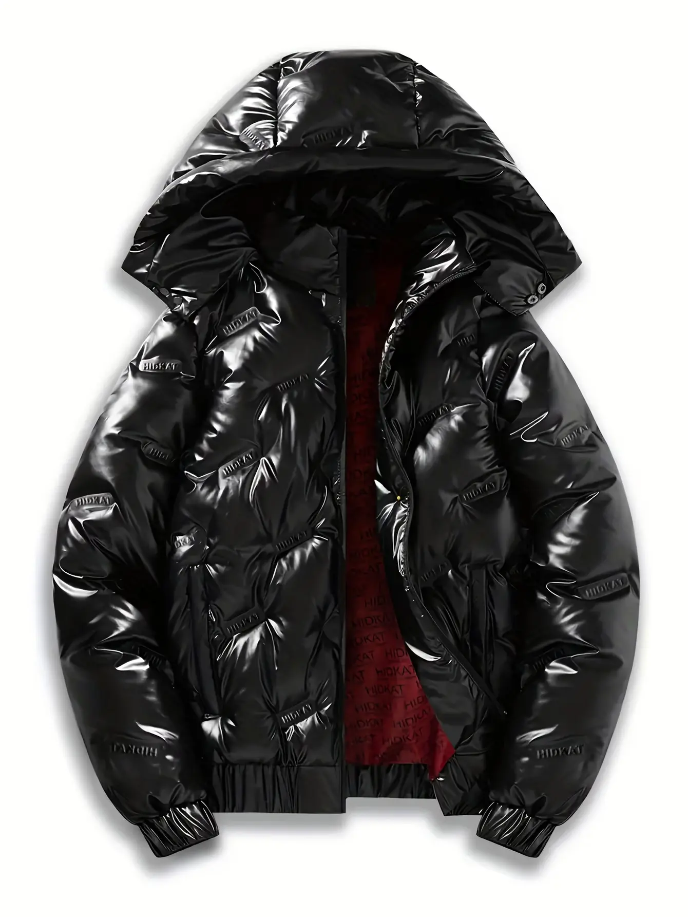 Men’s Glossy Black Hooded Down Coat - Menswear Top with Embossed Logo, Stitched Design, Elegant Warm Insulation for Everyday Casual Wear, Snowy Days