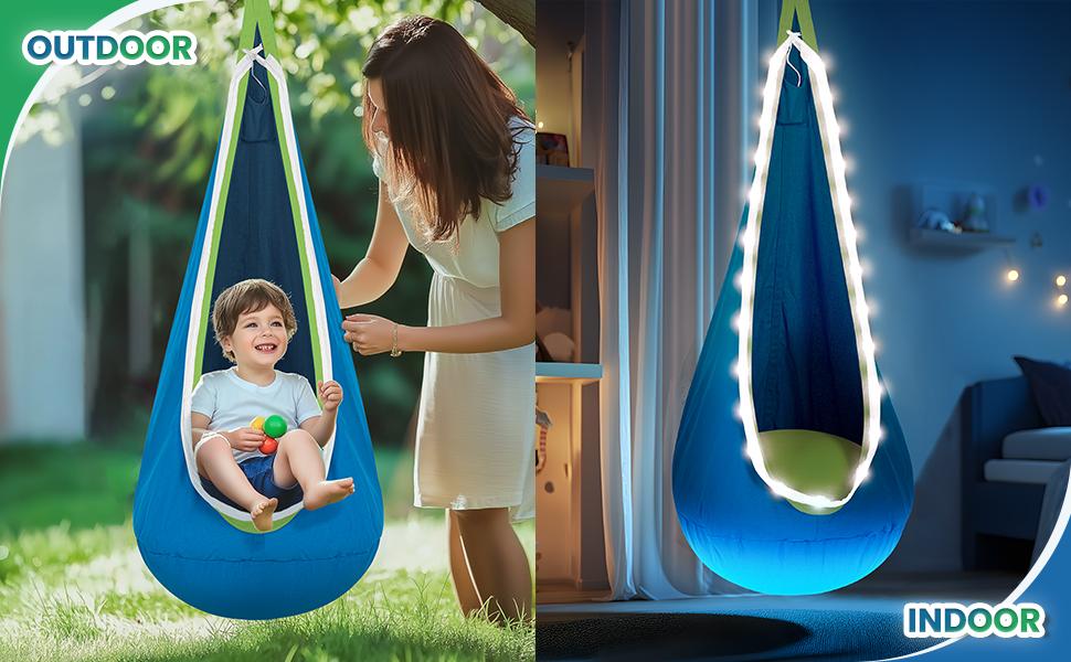 【Stand NOT Included】【Spring Glow Up】Christmas Gift for 3+Years Old Pod Swing with LED Lights & Inflatable Pillow Hanging Hammock Swing for Indoor & Outdoor Sensory Chair for Ages 8-13