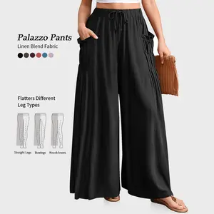 TARSE Women Casual Linen Blend Palazzo Pants Loose Fit Boho Wide Leg Baggy Trousers with Pockets Oversize 2026 Summer Vacation Womenswear Work Pants