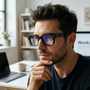 Vintage Thick Square Eyewear - Glossy Black Solid Acetate with Gold Rivets, Anti-Eyestrain Blue Light Lens for Office, Gaming & Streetwear
