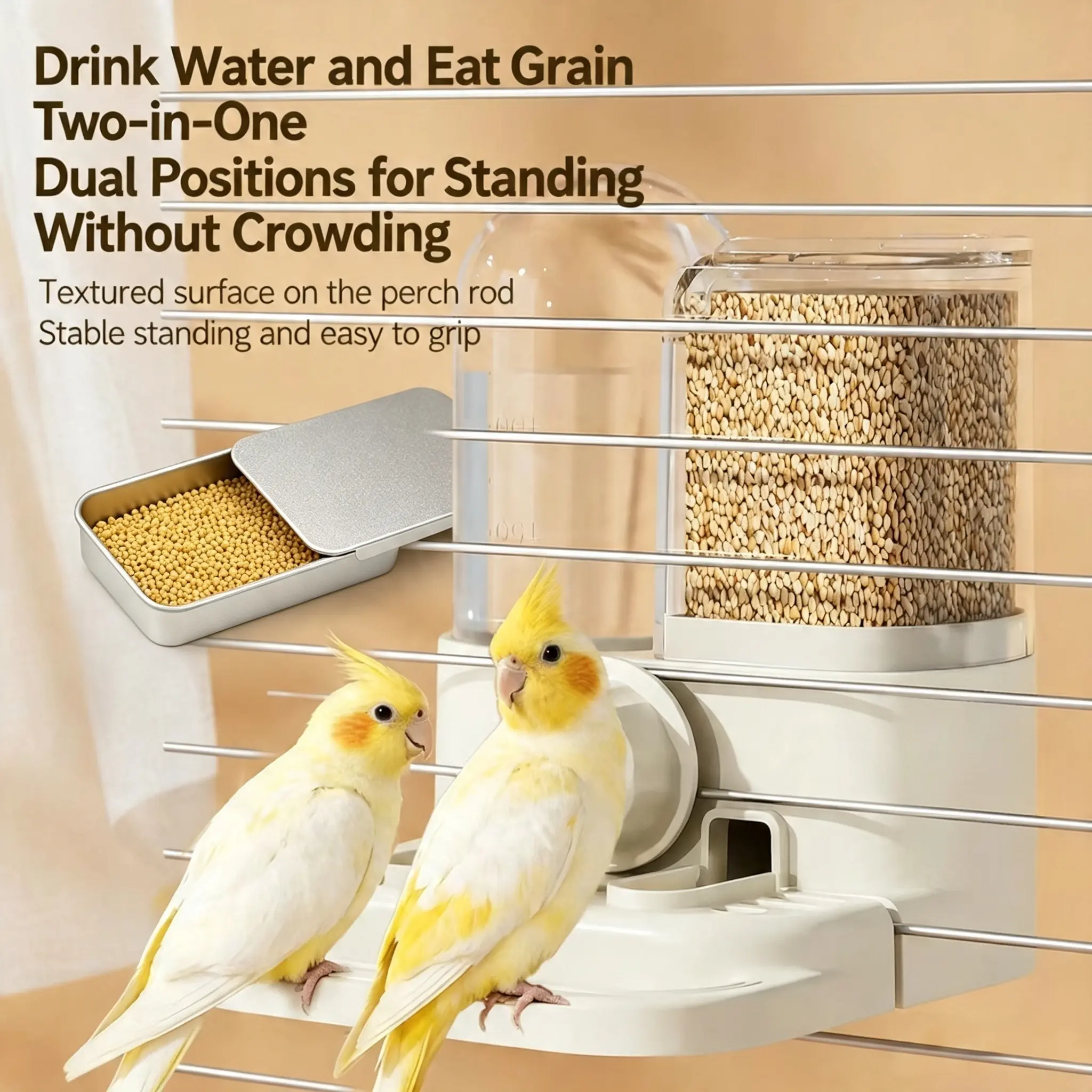 Automatic Bird Feeder & Water with Hanging Cage & Stand, Automatic/Manual Feeding System Suitable for Parrots, Training Sliding Feeder Box, Bird Feeding Station for Cockatiils, Budgies, Canaries, Small Bird Care