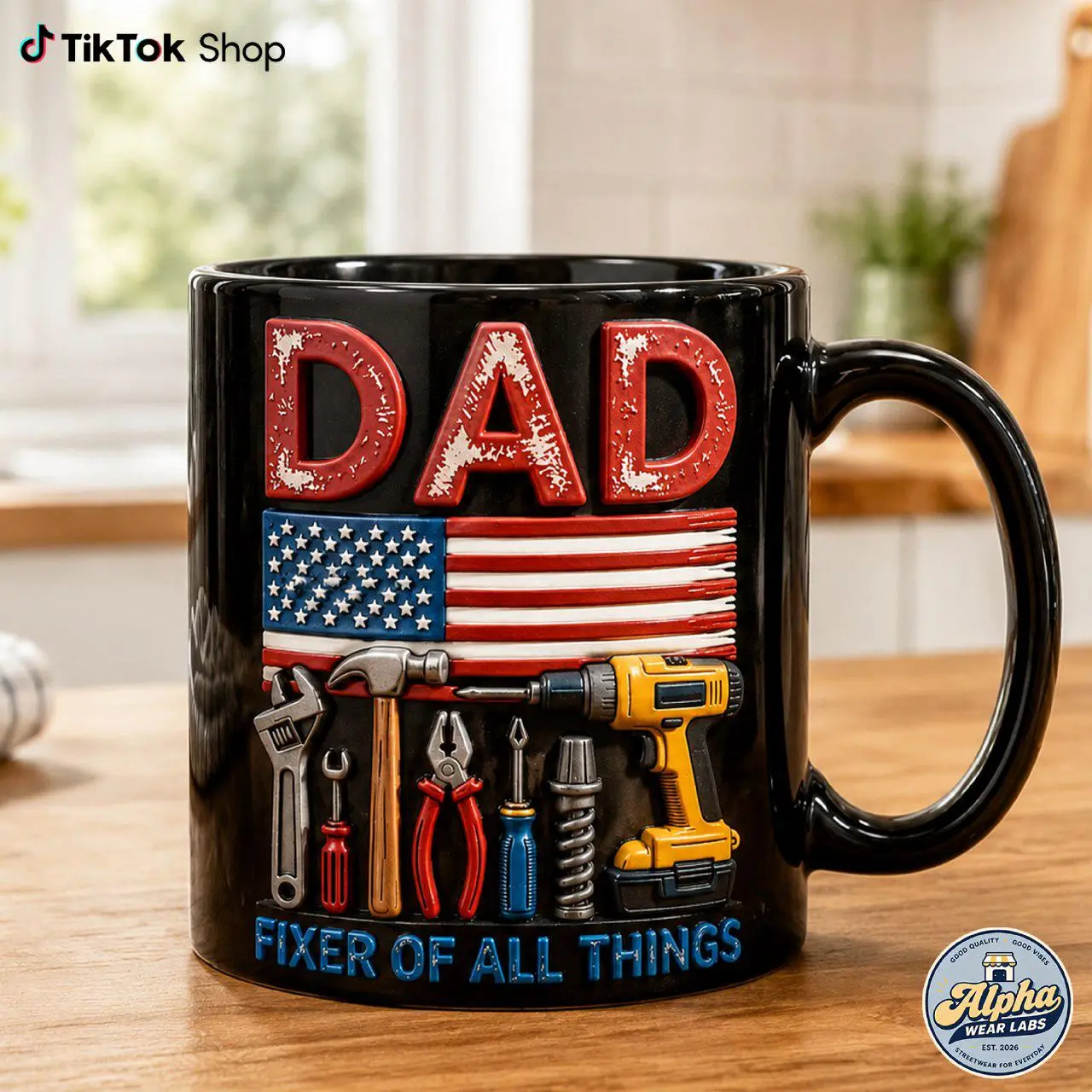 3D Effect Patriotic Tools Ceramic Mug - Dad Fixer Of All Things, Funny Handyman Dad Gift, Reusable Washable Novelty Drinkware for Father's Day Funny Beverage Use, Funny Beverage Mug, Novelty Coffee Mugs