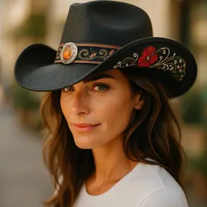 "Amber Stone With Red Rose" Western Hat, Cowboy Hat, Embroidered Side Flower, UV Protection Classic, Gem Stones, Hard Shell, Unisex