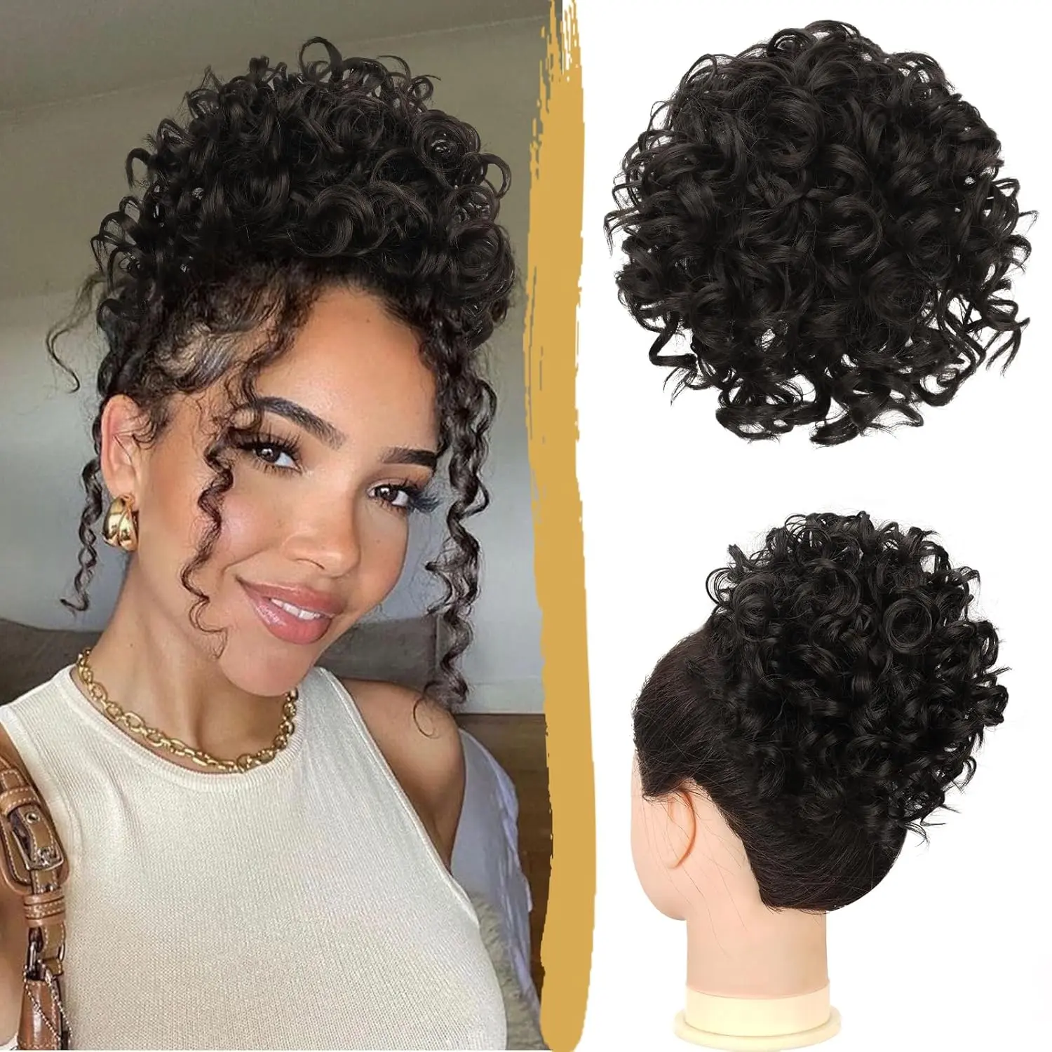 Messy Bun Hairpiece Curly Drawstring Ponytail Extension Synthetic Fiber Natural Messy Bun Hair for Women, Synthetic Loose Wave Bun  main image 3