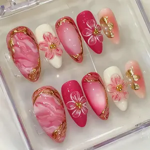Valentines Press on Nails Medium Almond Fake Nails with 3D Flower Gold Stripe Designs Cute Floral False Nail Reusable Acrylic Nails Flowers Full Cover Glue on Nail for Women Nail Decorations