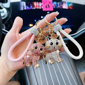 Cute Cat with Rhinestones, Metal Key Ring for Bags, Adorable Kitty Charm, Small Gift Idea, Cartoon Creative Design, Bling Bling Keychains