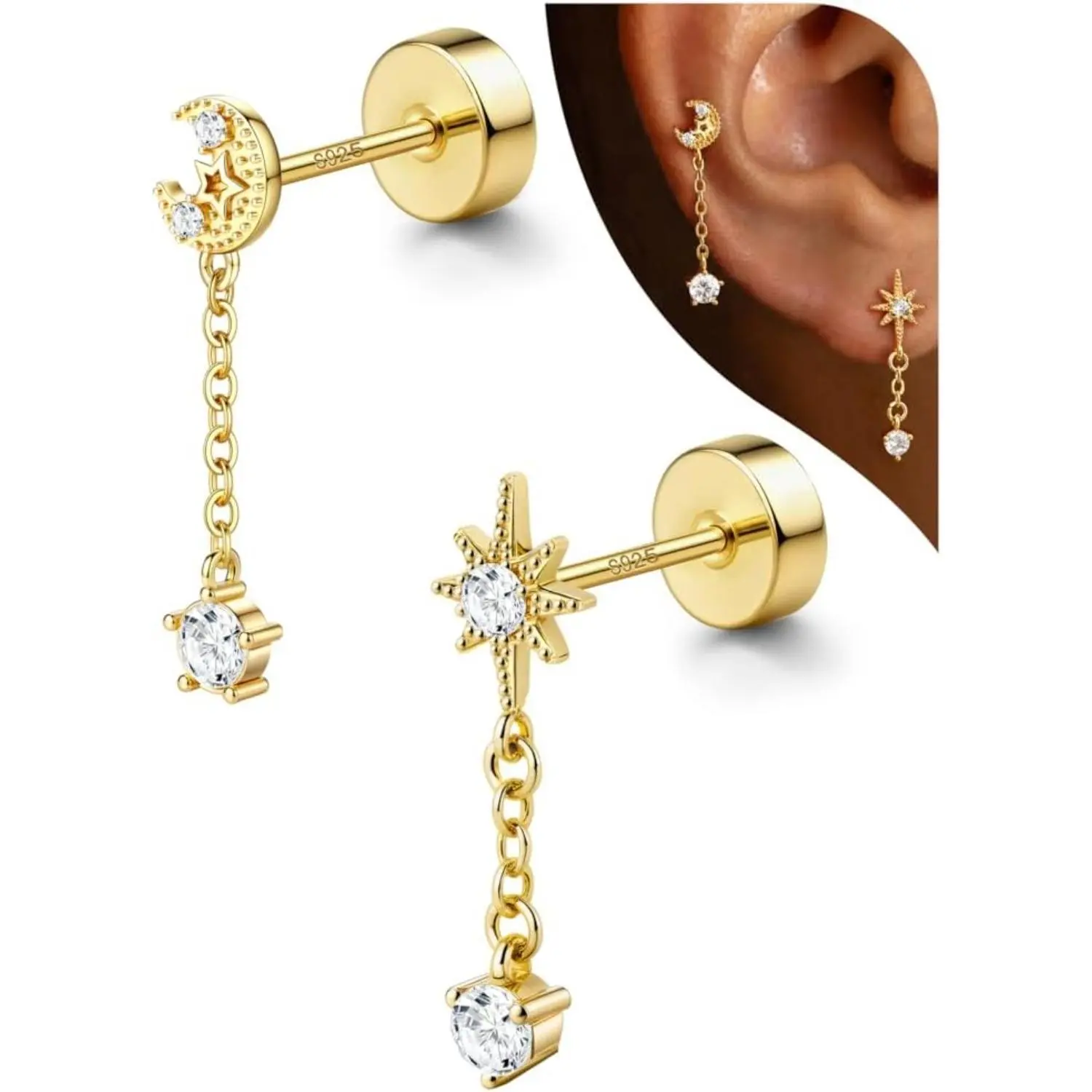 14K Gold Plated-Dangle Sun & Moon