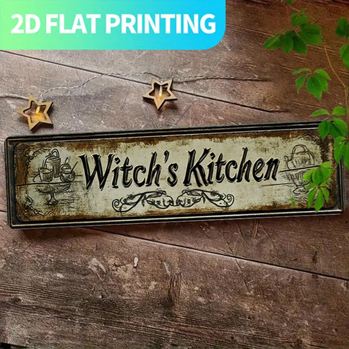 1pc Vintage Witch's Kitchen Tin Print Metal Sign - Gothic, Large-Cursive Lettering, Cauldron Cutout, Distressed Beige-Black Farmhouse Wall Decor - Easy Hanging Pre-Drilled Holes - 15.7x3.9in(40x10cm) for Dining Area, Garden, Bar, Bedroom