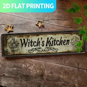 2D Flat, 1pc Vintage Witch's Kitchen Metal Sign - Gothic Witch-Themed Large Lettering with Cursive Lettering & Cauldron Cutout Design - Distressed Beige & Black Farmhouse Decor - Easy Hang with Pre-Drilled Holes - 15.7x3.9 Inch (40x10cm) - Rustic Kitchen,