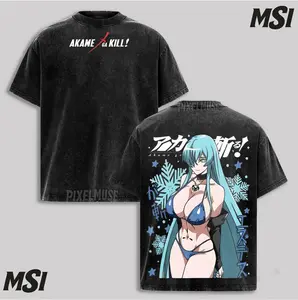 Esdeath Akame ga Kill T-Shirt | Ice Queen Blue Neon Acid Washed Oversized Tee, Frozen Style Anime Villainess Bootleg, Heavyweight Fandom Apparel.