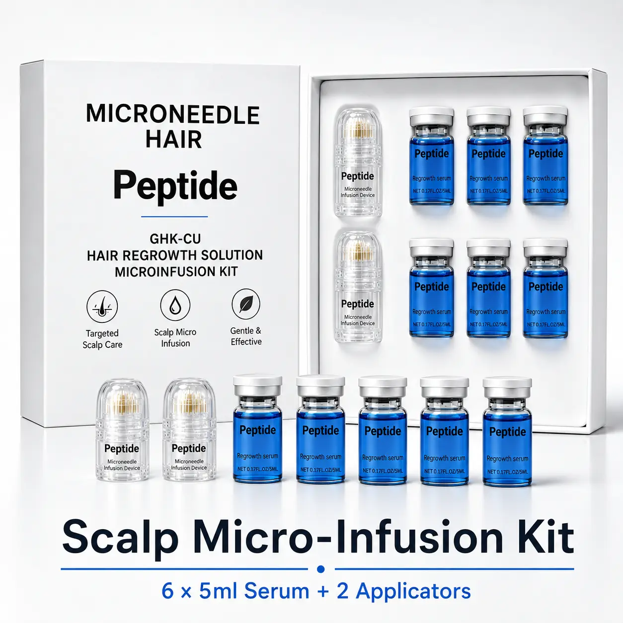 Gvxcieaw GHK-CU Hair Serum Micro-Infusion Kit, 6 x 5ml Scalp Serum with 2 Microneedle Applicators, Scalp Care Booster for Thinning Hair, Hair Strengthening & Nourishing Treatment