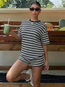 2026 New Summer Striped Short Sleeve Top & Shorts Pajama Set, Women's Casual Home Loungewear, Fitted Plain Suit for All Seasons