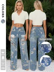 Women's Denim Long Pants Fashion Summer All Seasons Floral Printed Ripped Jeans Thin Medium Elastic High Waist Loose Wide Leg Floor-Length Fit