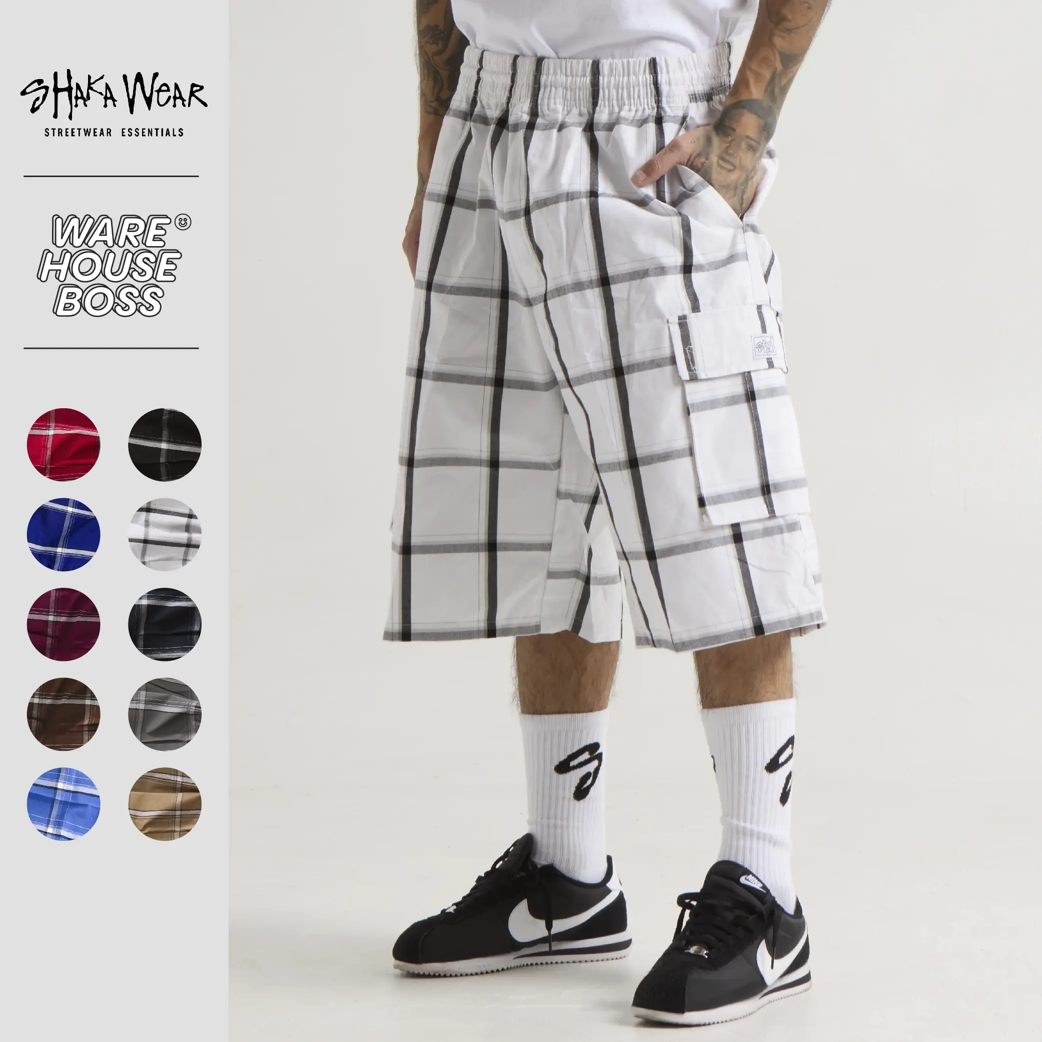 SHAKAWEAR Men's Plaid Checker Shorts SHAKA WEAR 6 Pockets