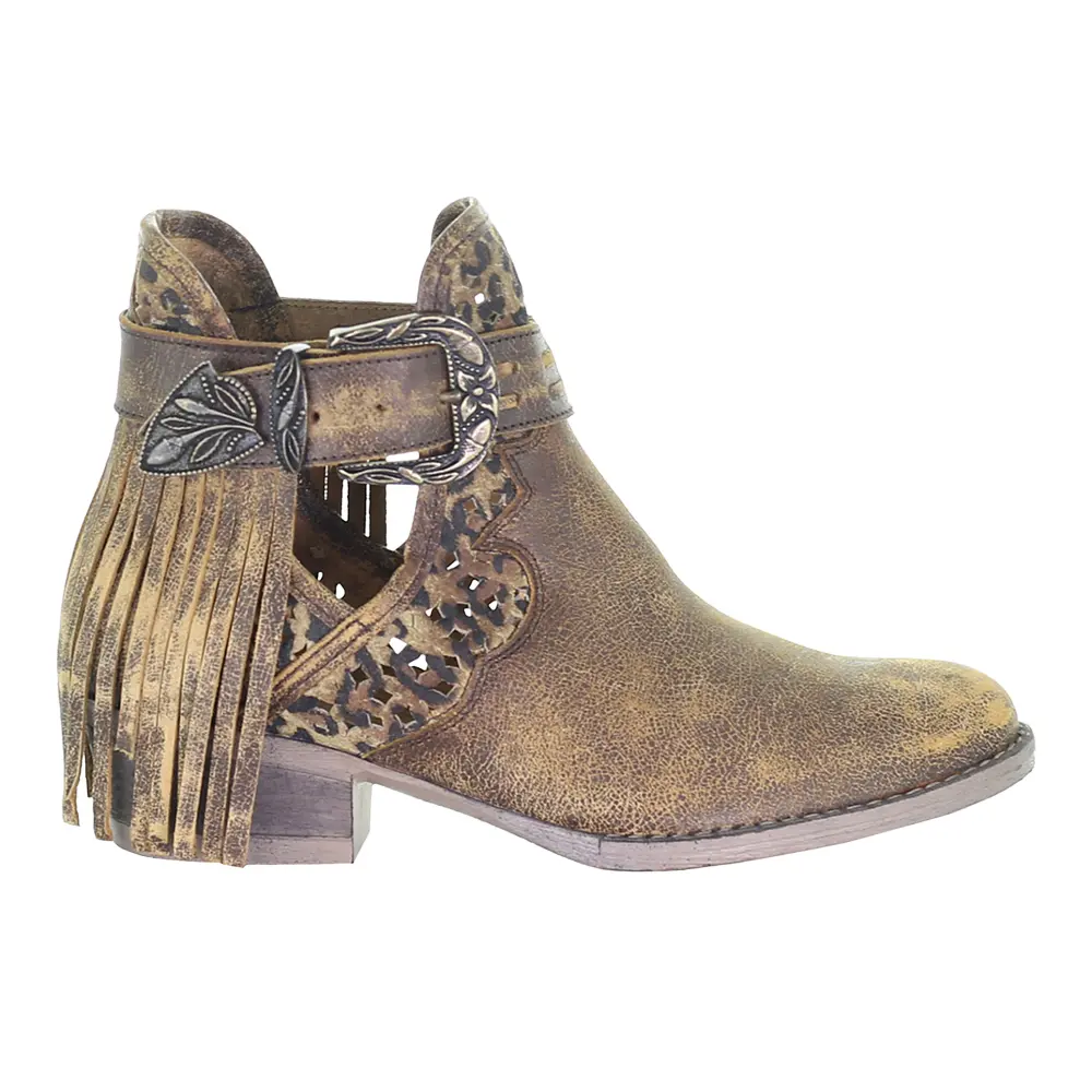 Corral Boots Womens Leopard Fringe Pull On Round Toe  Casual Boots Ankle Mid Heel 2-3" - Brown