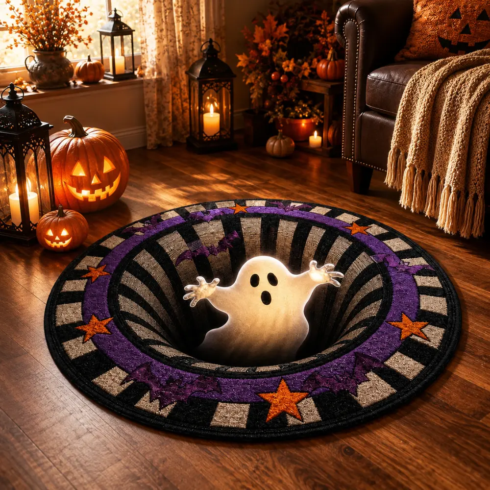 Halloween 3D Optical Illusion Round Rug, Quilted Ghost Abyss Floor Mat, Soft Non-Slip Halloween Decor for Living Room, Bedroom & Entryway