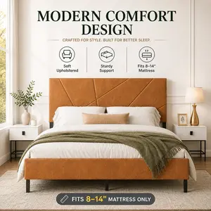 【Modern Comfort Design】FANSACE Verve Geometric Vintage Brown Rustic Metal Queen Platform Bed with Underbed Storage, No Box Spring Needed, Sturdy, Noise-Free, Bed Frame for Queen