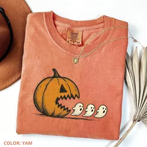 Comfort Colors Ghost Chasing Yam Halloween Shirt, Funny Pumpkin Ghost T Shirt, Vintage Spooky Season Tee, Women's Short Sleeve Shirts