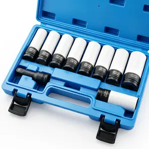JUEXL 10-Piece Wheel Protector Impact Socket Set, 1/2" Drive Non-Marring Lug Nut Sockets, Includes 19.5mm & 21.5mm for Swollen Lug Nuts, Thin Wall 15mm-27mm, CR-MO Steel