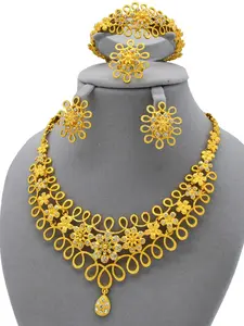 Dubai Jewelry Set for Women, 4-Piece African Arab Style Crystal Flower Necklace Bracelet Ring Earrings, Elegant Party Accessory Gift