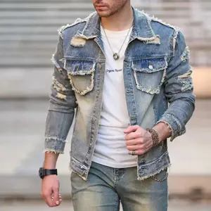 Men's Raw Wash Ripped Denim Jacket, Casual Style Button Front Pocket Design Raw Hem Jean Coat for Daily Wear, Mens Clothing, Fashion Men's Clothes for All Seasons, Jackets for Men