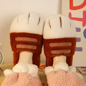 Plush Foam Cat Paw Slide Slippers, Soft Fabric, Cute Cartoon Cat Design, Brown Paws, Cozy Couple House Shoes for Women and Men, Winter Warm Indoor Footwear